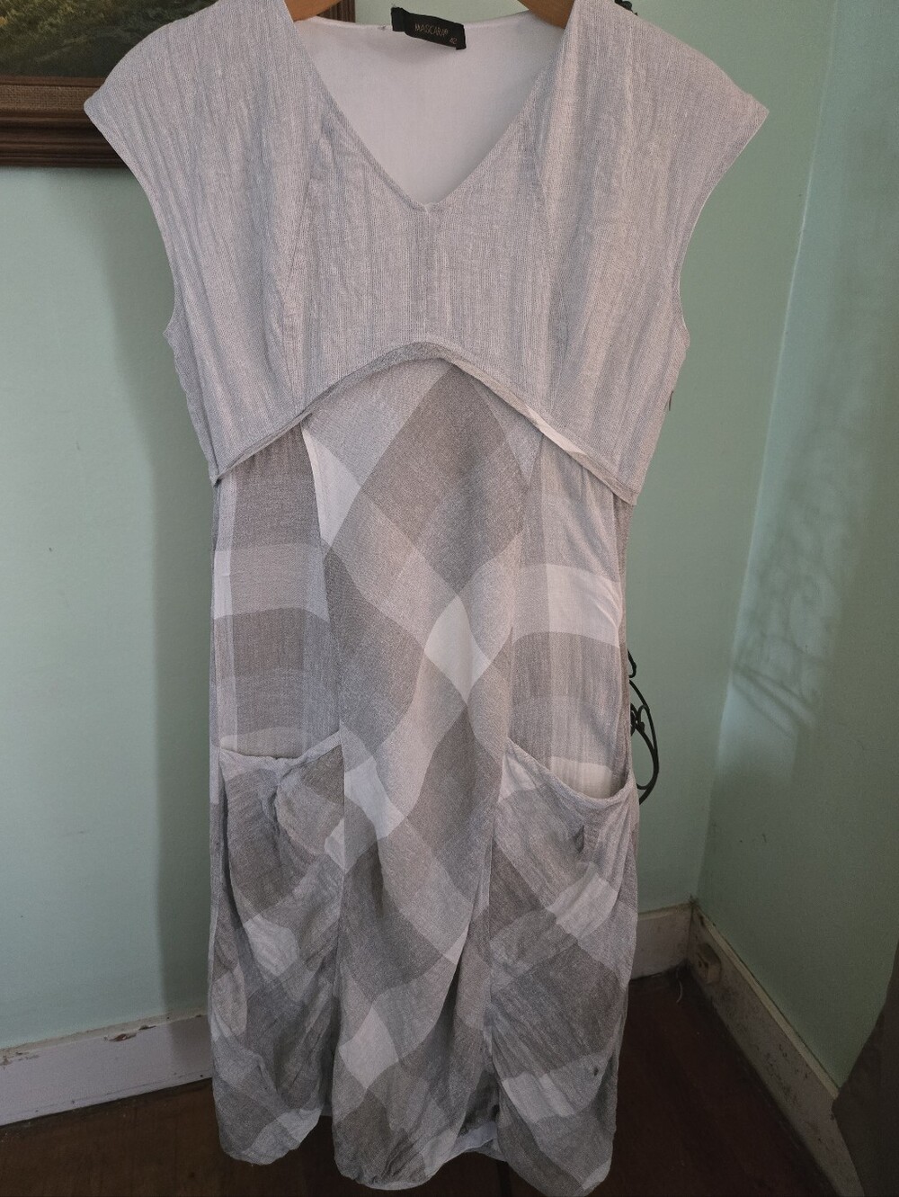 Mascara Check Linen Bubble Dress Beige Lagenlook Midi US 10-12 Euro 42 L